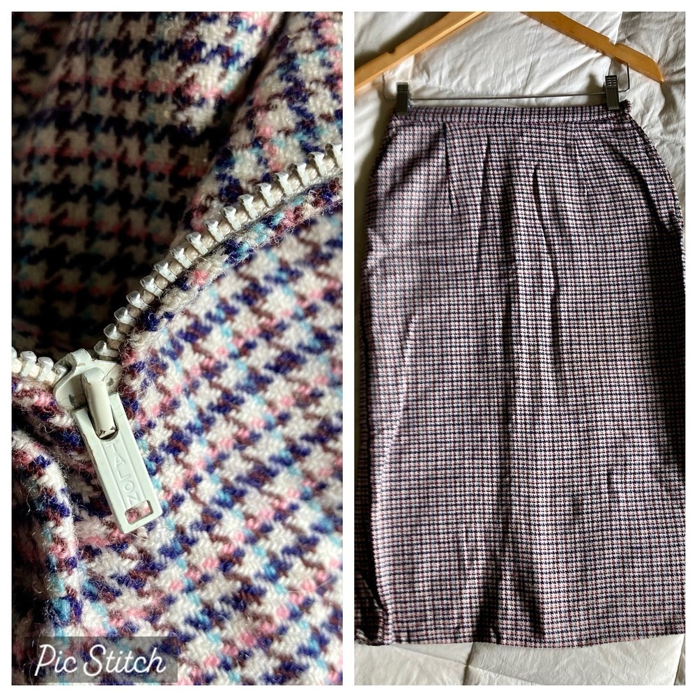 Vtg Wool Houndstooth Tweed Pencil Skirt 24" Waist Pink Multi Academia Retro READ